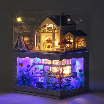 DIY Dollhouse Casa Minyatür mobilya Takımı Hawaii Büyük Villa Modeli Ahşap Bebek Evleri Monte Oyuncak Çocuk Noel Hediyeler için
