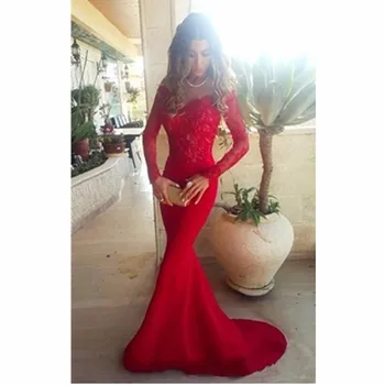 Uzun Kollu Dantel Balo Elbise Zarif Kırmızı Mermaid Balo Elbisesi Elbiseler ıçin Parti 2016 Vestido De Festa MB3171