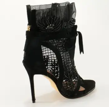 Lüks Siyah Kristal Kapak Bayanlar Lace Up Yüksek Topuk Çizmeler Zarif Siyah Dantel Kadın Peep Toe yarım çizmeler Ayak Bileği Bandaj Çizmeler
