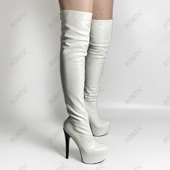 Rontic 2021 El Yapımı Kadın Kış Diz Üzerinde Çizmeler Unisex Stiletto Topuklu Yuvarlak Ayak Güzel Beyaz parti ayakkabıları ABD Boyutu 5-20