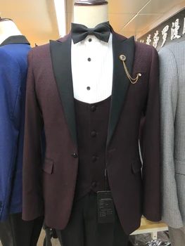 2021 Yeni Bordo Desen Erkek Takım Elbise Slim Fit Düğün Mamülleri Smokin Doruğa Yaka Resmi Blazer Fulcher (Ceket + Yelek + pantolon)