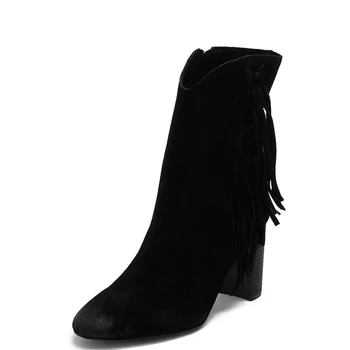 Siyah Saçak Kadın Yarım Çizmeler Yüksek Tıknaz Topuklu Yuvarlak Ayak Patik Zip Büyük Boyutu 13 16 Bayanlar Moda Seksi Olgun Ayakkabı Shofoo