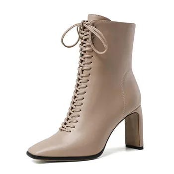 Lloprost ke Boyutu 34-43 Kadın yarım çizmeler Moda Çapraz Kayış Yüksek Topuk Kış Ayakkabı Kadın Fermuar Ofis Bayan Sokak Ayakkabı