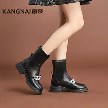 KANGNAI Streç Çizmeler Kadın Ayakkabı Peluş Platformu Inek Deri Metal Zincir Kış Sıcak ayakkabı Moda Bayanlar Modern yarım çizmeler