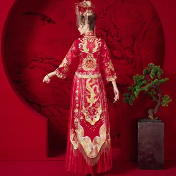 Traditional Wedding Dress Golden Embroidery Phoenix Stylish Banquet Costume Classic Cheongsam China Qipao костюм для восточных