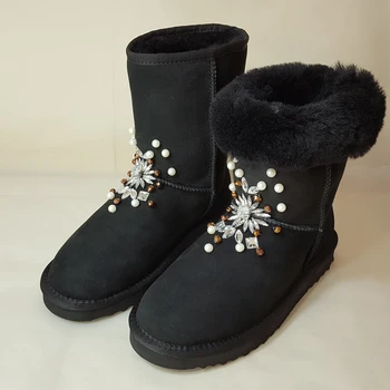SANLUME Kadınlar Kış Koyun Kürk Kar botları 100 % Gerçek Deri Dize Boncuk Klasik siyah sıcak tutmak Çizmeler Boyutu 42