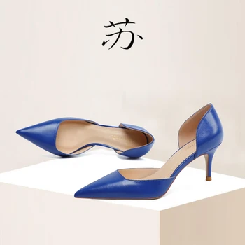 Mavi Yüksek Topuklu kadın 2021 Yeni Seksi 6 cm Hollow Katı Renk Aşmayı Deri Orta Topuk Sivri Ince Topuk Ayakkabı