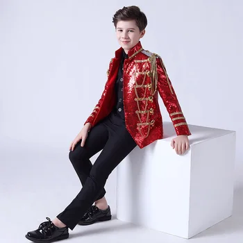 Erkek Retro Avrupa Mahkemesi Giyim Seti Çocuk Prens Büyüleyici Drama Gösterisi Elbise Takım Elbise Çocuklar Blazer Yelek Pantolon Çiçek Kıyafet