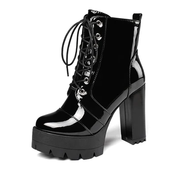 Dovereıss Moda kadın Ayakkabı Kış Saf renk Platformu yeni Blok topuklu Çapraz bağlı Yuvarlak ayak Kısa çizmeler büyük boy 43