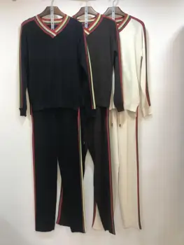 Moda marka çizgili sticthing bling bling Örgü iki adet Takım Elbise Kadın Kazak + uzun Pantolon Eğlence İki adet setleri F2173