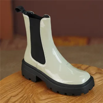 MİLİ-MİYA Kadın Chelsea yarım çizmeler Patent Deri Sonbahar Kış Moda Platformu Tıknaz Topuklu Avrupa Amerikan Ayakkabı Üzerinde Kayma