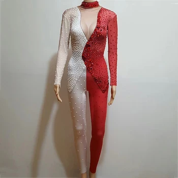 Kırmızı Beyaz Splice Takım Elbise Desen Tulum Bayan Şarkıcı Dansçı Bodysuit Streç Tulum Seksi Sahne Kıyafetler Gogo Kostüm DT389