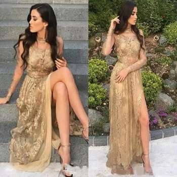 Seksi Altın Illusion Korseler Uzun Balo Dresse Ucuz Yüksek Boyun Sheer Uzun Kollu Yan Bölünmüş Abiye giyim Vintage Arapça Moda