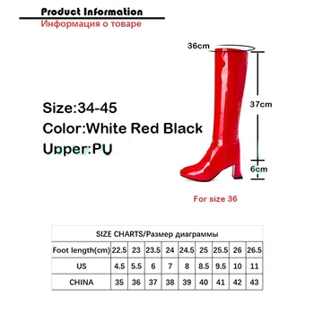 Bayan Yüksek Diz Çizmeler Patent Deri Diz Yüksek çizmeler Kadın Su Geçirmez Beyaz Kırmızı Parti Fetiş Çizme kadın ayakkabısı Sonbahar Kış