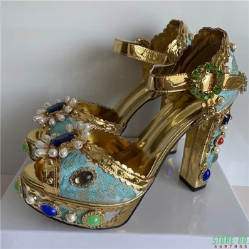 Dantel Rhinestone Sandalet Kadın Tıknaz Topuk Kristal Çiçek İnci Elmas Platformu Düğün Ayakkabı Kadın