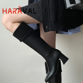 HARAVAL Kış Kadın Modern Diz-Yüksek Çizme Hakiki Deri Yuvarlak Ayak Kalın Alt Kadın Çizmeler Ayakkabı Kısa Peluş Siyah E667L