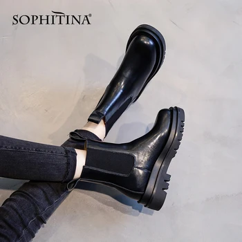 SOPHITINA Rahat Chelsea Çizmeler Kadınlar Için Rahat Düşük topuklu Kalın Alt kaymaz Yuvarlak Ayak yarım çizmeler Ofis Ayakkabı NO228