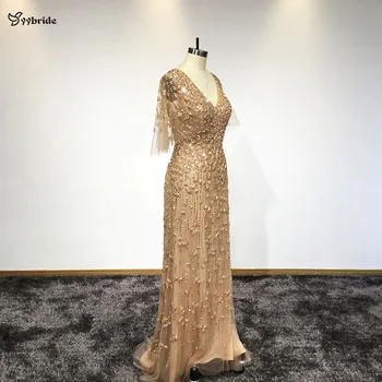 YYbrıde Yeni Tasarım V Yaka Seksi Parti Etek Tam Altın Boncuk gece elbisesi Nakış Backless Düz Mahkemesi Tren balo kıyafetleri