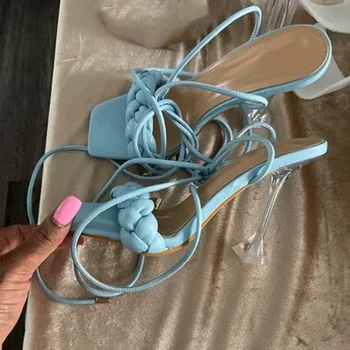 Kadın Sandalet Seksi Yaz Ayakkabı Gladyatör Klip Ayak Yüksek Topuklu Bandaj Toka Kayış Pompaları Squre Ayak Bayanlar Parti Vogue Stiletto