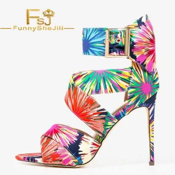 FSJ Moda Graffiti Tropikal Çiçek Ayak Bileği Kayışı Stiletto Topuk Sandalet Kadınlar ıçin Toka Burnu açık Yaz Parti Akşam Ayakkabı 2021
