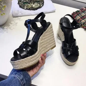 Yeni Stil Kadın Kahverengi Beyaz T-kayışı Peep Toe Kama Sandalet Yaz Hollow Out Ayak Bileği Toka Askı Platformu Ayakkabı Ücretsiz Kargo