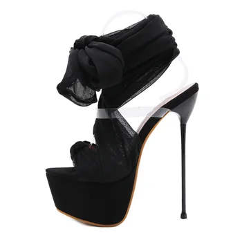Yaz Yay Stilettos Süper Yüksek Topuklu Bayan Sandalet Siyah Seksi Ayak Bileği Sapanlar Çıplak Instep kadın Ayakkabı Çapraz Şerit Balık Ağzı