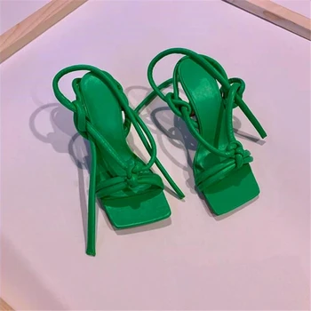 Ünlü Yaz Halat Sandalet Kadın Kare Ayak Yüksek Topuklu Seksi Bayanlar Yeşil Altın Striptizci pompaları Ayakkabı Moda Zapatos