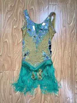 Yeşil Fringe Taşlar Aynalar Elbise Doğum Günü Kutlamak Spandex Püsküller Bodysuit Balo Kadın Şarkıcı Akşam Latin Elbise