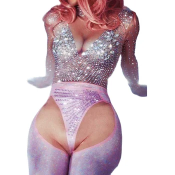 Shining Kristaller Diamonds Pembe Baskı Tulumlar Kadın Şarkıcı Gösterisi Performans Kostüm Gece Kulübü Showgirl Dans Sahne Giyim