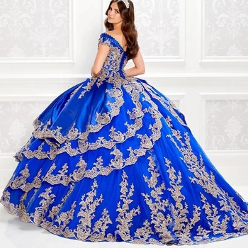 Kraliyet Mavi Ucuz Quinceanera Elbise Balo Kapalı Omuz Aplikler Boncuklu Puf Tatlı 16 Elbiseler