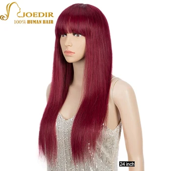 Joedir Bordo Peruk Patlama Ile düz insan saçı peruk Kadınlar Için Tutkalsız Tam Makine Peruk Uzun Düz Saç Peruk Patlama