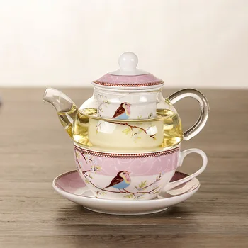 Yaratıcı sağlık seramik çiçek çay potu altın çiçek kuş fincan plaka ısıya dayanıklı cam pot set