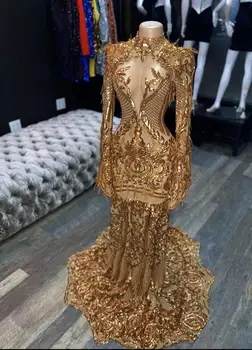 Sparkly Altın Pullu Uzun Mermaid Gelinlik Modelleri 2020 Yüksek Boyun Tam Kollu See Through Afrika Kadınlar Siyah Kız Abiye giyim