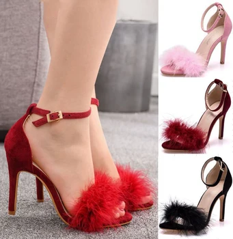 Tüy seksi Roma yüksek topuklu sandalet stiletto burnu açık Roma sandalet kadın kırmızı yüksek topuklu siyah boyutu 42 kadın sandalet