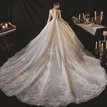 ASN029 Lüks Gelinlik Beyaz Dantel Uzun Kollu Gelin Törenlerinde Vestidos De Novia Baratos Con Envio Gratis Hochzeitskleid