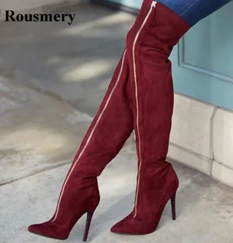 Kadın Ön Fermuar-up Kırmızı Süet Deri Diz Üzerinde Yüksek Topuk Çizmeler Sivri Burun Uyluk Topuk Uzun Yüksek Topuk Çizmeler Elbise Ayakkabı