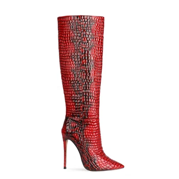 Kış Kadın Yeni Moda Seksi Consice Kırmızı Sivri Burun Yılan Derisi Stilettos Topuklar Diz Yüksek Çizmeler Büyük Boy 46 47