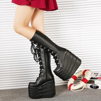 16 cm Takozlar Ayakkabı Kadınlar İçin Moda Diz Yüksek Çizmeler Punk Tarzı Sonbahar Kış Cosplay Ayakkabı Goth Yüksek Topuklu Çizmeler Bottine Femme