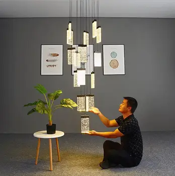 Merdiven Kristal Avize Lüks LED Kare Kabarcık Kristal Lamba Loft Dubleks Avize Villa Otel Lobisinde Dekorasyon Lambası