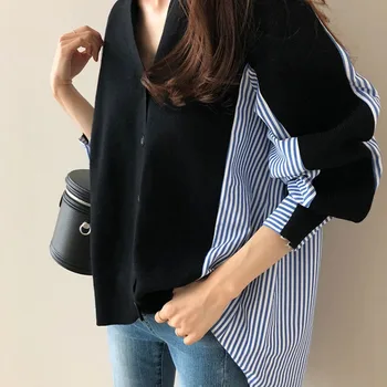 2021 Yeni Siyah Örme Kazak Kadın Üstleri V Yaka Kore Moda Kazak Şerit Patchwork Renk Bloğu kadın gömleği kadın gömleği