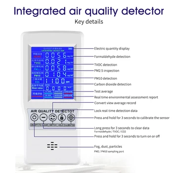 Şarj edilebilir Kapalı PM2. 5 PM10 CO2 Hava Kalitesi Monitör Ev Ofis Formaldehit Profesyonel lcd ekran USB Bağlantı Noktası AQI Dedektörü