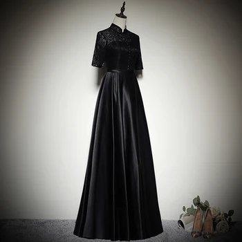 AnXin SH prenses siyah çiçek dantel Abiye vintage yüksek boyun gelin performans uzun abiye küçük siyah elbise
