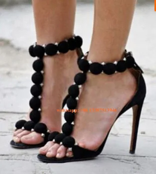 Sıcak Satış Kadın Moda T-kayışı Süet Deri Yuvarlak Top Yüksek topuklu Sandalet Yeni Spike Cut - out Sandalet Elbise Ayakkabı Gerçek Resimler