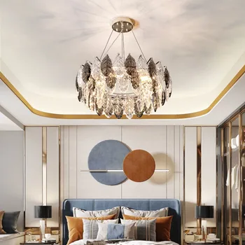 Modern Lüks Yaprak Kristal Dekorasyon Yüksek Lüks Altın Avize Villa / Lobi/Yemek Odası Dekoratif Aydınlatma