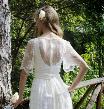 Bohemian Romantik Tarzı A-Line Gelinlik 2019 Yarım Kollu Sheer Geri Kanat Boho Chic Gelinlikler vestido de noiva