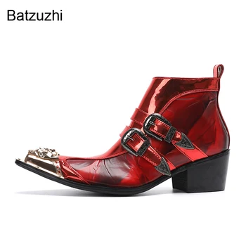 Batzuzhi Punk erkek ayakkabıları Çizmeler Sivri Metal Kafa Kırmızı Deri yarım çizmeler Erkekler için Kırmızı Parti ve Düğün Çizmeler Tokaları, 38-46