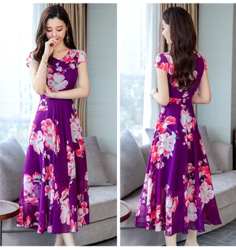 2019 Yaz Kadın Kısa Kollu Vintage Plaj Elbiseleri Moda Rahat Şifon Elbise Çiçek Baskı Elbise RE2430