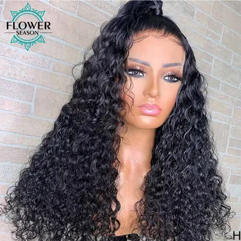 Kıvırcık insan saçı peruk Tutkalsız 13x6 HD Dantel ön peruk 180 Yoğunluk Remy Brezilyalı Saç Şeffaf dantel Preplucked Flowerseason