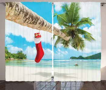 Noel Karartma Perdeleri Çorap Palmiye Ağacı Tropikal Kumlu Plaj Ada Maldivler Şenlikli Tasarım Pencere Perde