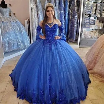 CloverBridal Uzun Kollu Glitter Aplikler Kraliyet Quinceanera Elbiseler vestidos de quinceañera de 15 años 2021 WQ9812